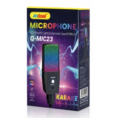 Microfon RGB Andowl Q MIC23 USB iluminare LED pentru streaming gaming karaoke si podcast