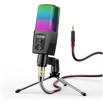 Microfon RGB Andowl Q MIC23 USB iluminare LED pentru streaming gaming karaoke si podcast