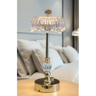 Lampa de masa 09 eleganta model cristal cu baza aurie design premium cu franjuri decorative