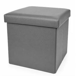 Cutie pliabila pentru depozitare tip taburet GRI 38x35x30 cm PATRATA imitatie PIELE