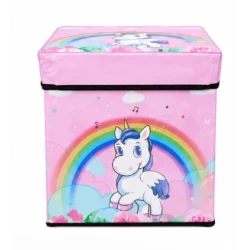 Cutie pliabila pentru depozitare tip taburet cu UNICORN 30x30x30 cm ROZ patrata
