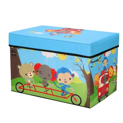 Cutie pliabila pentru depozitare tip taburet ALBASTRA 48x31x31 cm cu ANIMALE dreptunghiulara