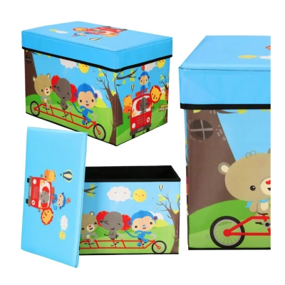 Cutie pliabila pentru depozitare tip taburet ALBASTRA 48x31x31 cm cu ANIMALE dreptunghiulara
