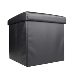 Cutie pliabila pentru depozitare tip taburet NEGRU 38x35x30 cm PATRATA imitatie PIELE