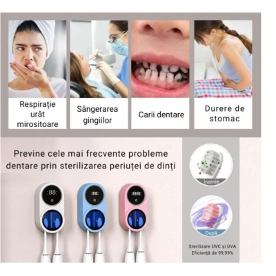 Sterilizator UV portabil pentru 2 periute de dinti tip suport periute Inteligent Senzor Deschidere Inchidere automata