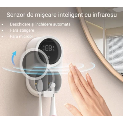Sterilizator UV portabil pentru 2 periute de dinti tip suport periute Inteligent Senzor Deschidere Inchidere automata