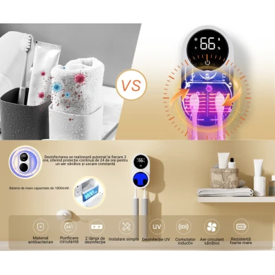 Sterilizator UV portabil pentru 2 periute de dinti tip suport periute Inteligent Senzor Deschidere Inchidere automata