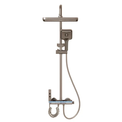 Set coloana de dus Aquatoria Mona C86 cu 4 moduri pulverizare termostat, LED Display fara Conectare Electrica Inox / Alama Gun Gray 81 16