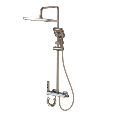 Set coloana de dus Aquatoria Mona C86 cu 4 moduri pulverizare termostat, LED Display fara Conectare Electrica Inox / Alama Gun Gray 81 16