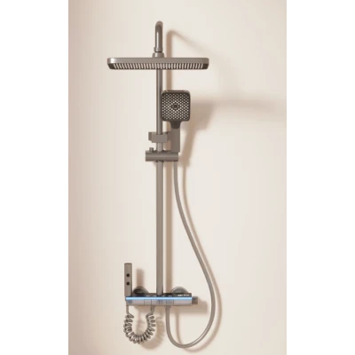 Set coloana de dus Aquatoria Mona C86 cu 4 moduri pulverizare termostat, LED Display fara Conectare Electrica Inox / Alama Gun Gray 81 16