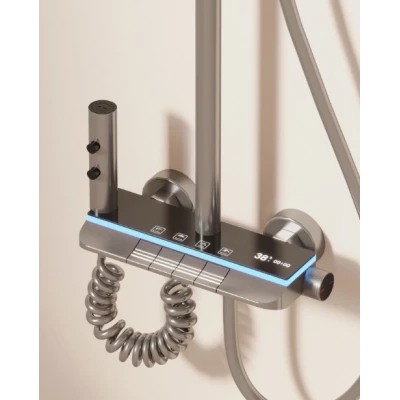 Set coloana de dus Aquatoria Mona C86 cu 4 moduri pulverizare termostat, LED Display fara Conectare Electrica Inox / Alama Gun Gray 81 16