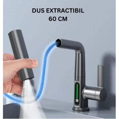 Baterie baie/bucatarie cu display temperatura curgere tip cascada jet sau spray dus extractibil