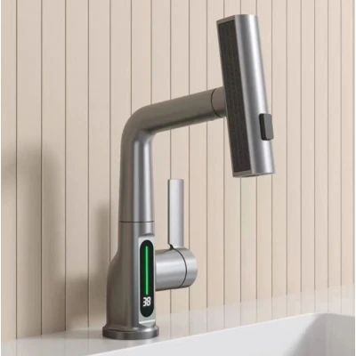 Baterie baie/bucatarie cu display temperatura curgere tip cascada jet sau spray dus extractibil