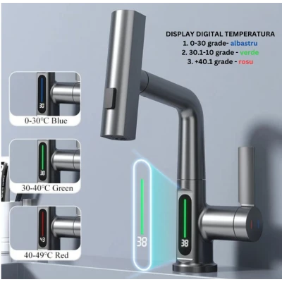 Baterie baie/bucatarie cu display temperatura curgere tip cascada jet sau spray dus extractibil