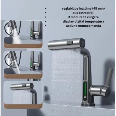 Baterie baie/bucatarie cu display temperatura curgere tip cascada jet sau spray dus extractibil