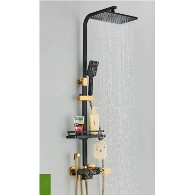 Coloana de Dus Termostatica Premium NEGRU si AURIU cu Afisaj Digital LED cadru dreptunghiular 28x19 cm Cod 104 64