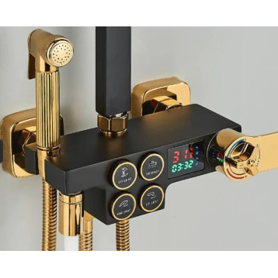 Coloana de Dus Termostatica Premium NEGRU si AURIU cu Afisaj Digital LED cadru dreptunghiular 28x19 cm Cod 104 64