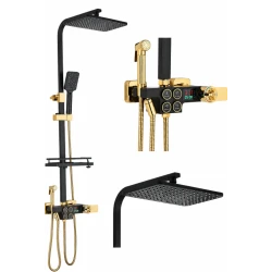 Coloana de Dus Termostatica Premium NEGRU si AURIU cu Afisaj Digital LED cadru dreptunghiular 28x19 cm Cod 104 64