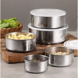Set 5 caserole din Inox prevazute cu capace din plastic transparent