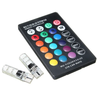 Set 2 Becuri T10 LED 12v RGB Cu Telecomanda Auto RU