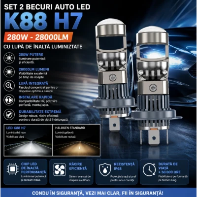 Set 2 Becuri auto LED K88 H7 280W/set cu lupa 28000lm