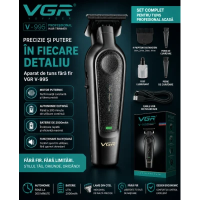 Set cu aparat de tuns fara fir VGR V 995 cu 4 distantiere autonomie 300min 2000mAh