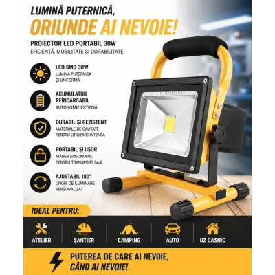 Proiector 30W LED SMD  portabil lampa de lucru cu acumulatori reincarcabili XL