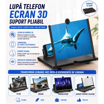 Lupa telefon 12" din PLASTIC  / Ecran de marire a telefonului / Ecran 3D Suport pliabil NEGRU