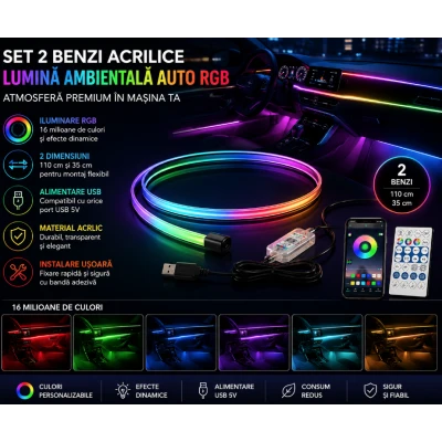 Set 2 benzi acrilice 110cm si 35cm, lumina ambientala auto RGB, alimentare USB