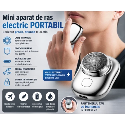 MINI Aparat de ras electric portabil cu lame rotative argintiu