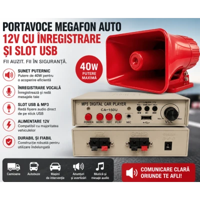 Portavoce-megafon auto 12V cu inregistrare si slot USB 40W  Rosie Dreptunghiulara 