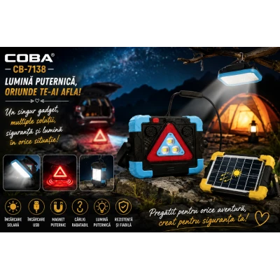 Lampa multifunctionala COBA CB 7138 panou solar triunghi de avertizare lumina COB si Magnet