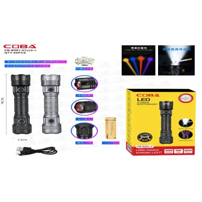 Lanterna de mana LED CB B201 4 LED Alb + Rosu + Albastru + Galben Acumulator 3750 mAh Zoom Reglabil