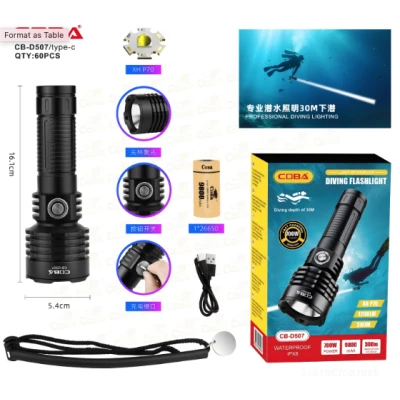 Lanterna profesionala pentru Scufundari COBA CB D507 de 70W XHP P70 IPX8 adancime pana la 30m raza pana la 1200m