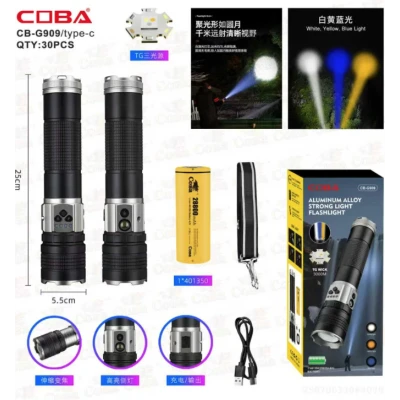 Lanterna de mana LED COBA CB G909 cu 3 culori de Iluminare Alb Galben Albastru Power Bank