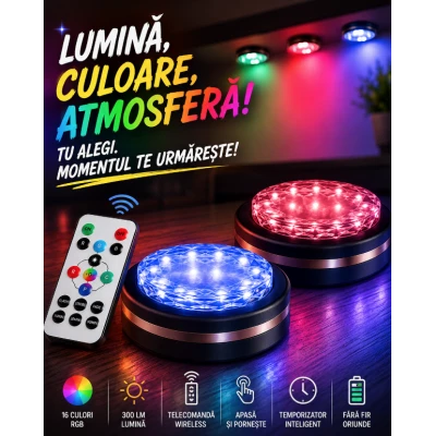 Set 2 Lampi LED RGB COBA CB S8022 cu telecomanda 16 Culori 300 Lumeni Iluminare Wireless temporizator montare adeziva