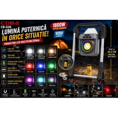 Lampa LED COBA CB G25S RGB + COB reincarcabila USB inaltime reglabila 10 Moduri de Iluminare