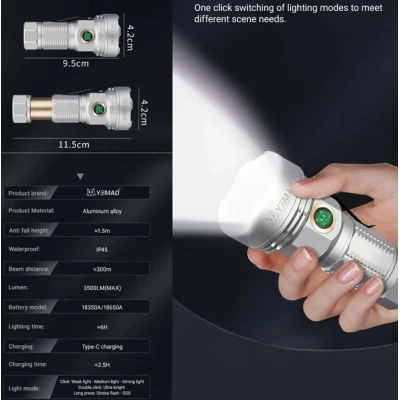 Mini Lanterna LED de mana YEMAO YM F809X de 3500 lm Zoom Telescopic 6 Moduri Iluminare