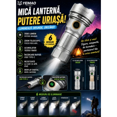 Mini Lanterna LED de mana YEMAO YM F809X de 3500 lm Zoom Telescopic 6 Moduri Iluminare