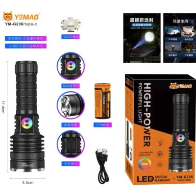 Lanterna de mana LED YEMAO YM G236 TG de 50W cu Zoom Reglabil RGB USB Corp Metalic