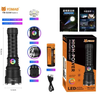 Lanterna de mana LED YEMAO YM G238 TG de 50W cu Zoom Reglabil  LED RGB Corp din Aluminiu