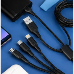 Cablu 3 in 1 pentru incarcare rapida USB A la Type C + Lightning + Micro USB impletit 3 Metri XXG III