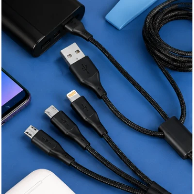 Cablu 3 in 1 pentru incarcare rapida USB A la Type C + Lightning + Micro USB impletit 3 Metri XXG III