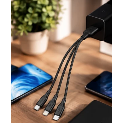 Cablu 3 in 1 pentru incarcare rapida USB A la Type C + Lightning + Micro USB impletit 3 Metri XXG III