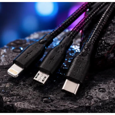 Cablu 3 in 1 pentru incarcare rapida USB A la Type C + Lightning + Micro USB impletit 3 Metri XXG III