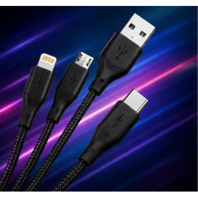 Cablu 3 in 1 pentru incarcare rapida USB A la Type C + Lightning + Micro USB impletit 3 Metri XXG III