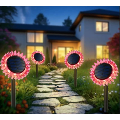 Lampa solara decorativa de gradina si de perete Floarea Soarelui 35cm ROZ cu led alb cald