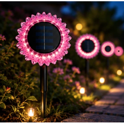 Lampa solara decorativa de gradina si de perete Floarea Soarelui 35cm ROZ cu led alb cald
