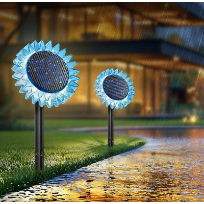 Lampa solara decorativa de gradina si de perete Floarea Soarelui 35cm ALBASTRA cu led alb cald
