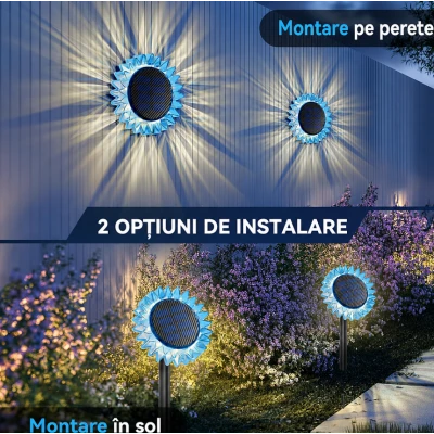 Lampa solara decorativa de gradina si de perete Floarea Soarelui 35cm ALBASTRA cu led alb cald